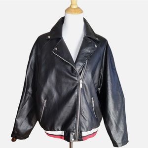 NWOT New Look Faux Black Leather Varsity Stripe Moto Jacket Size 1X